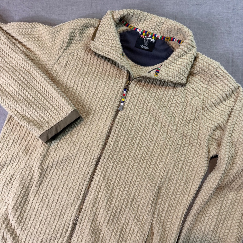 Sherpa Adventure Gear Textured Fleece Zip Up Jacket Tan Medium Soft Warm Nepal